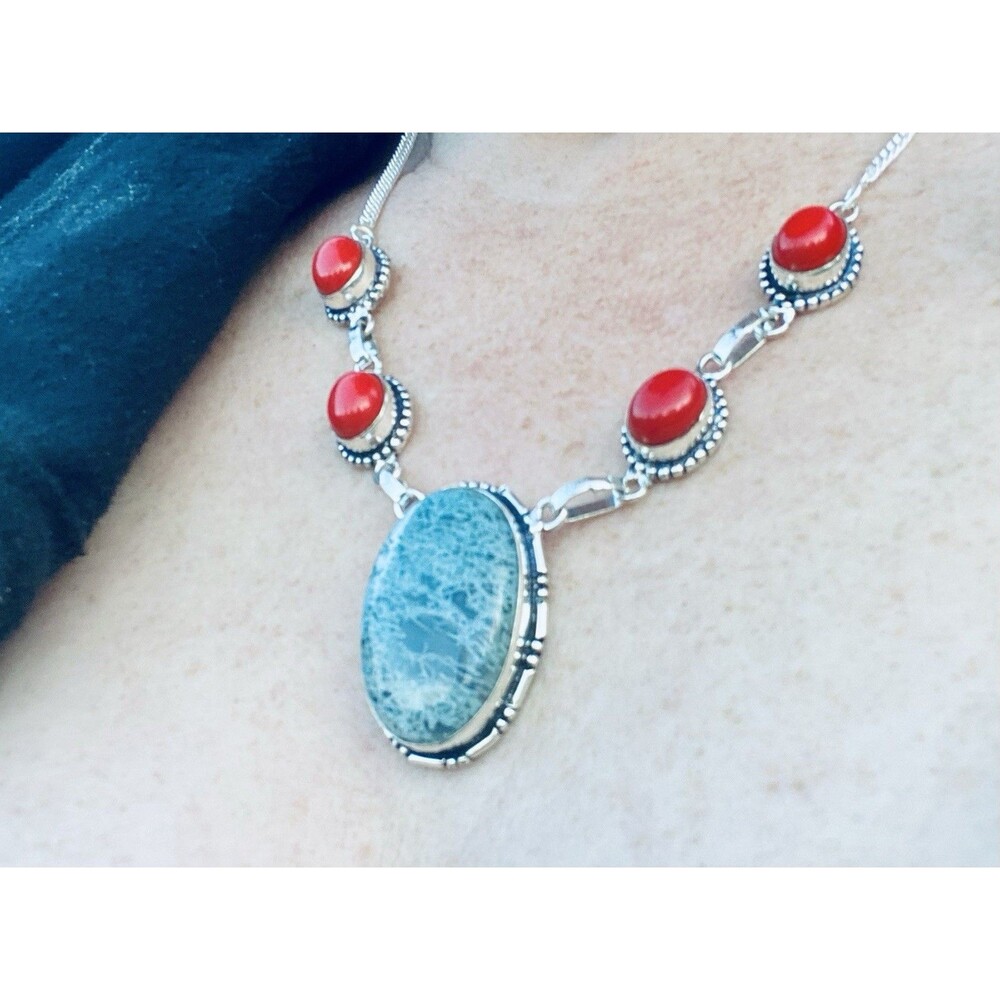 Boho Blue Apatite Red Coral Gemstone Necklace 20"